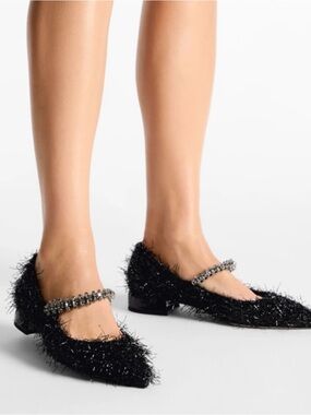 Jimmy Choo Black Fuzzy Mary Jane Flats with Crystal Strap